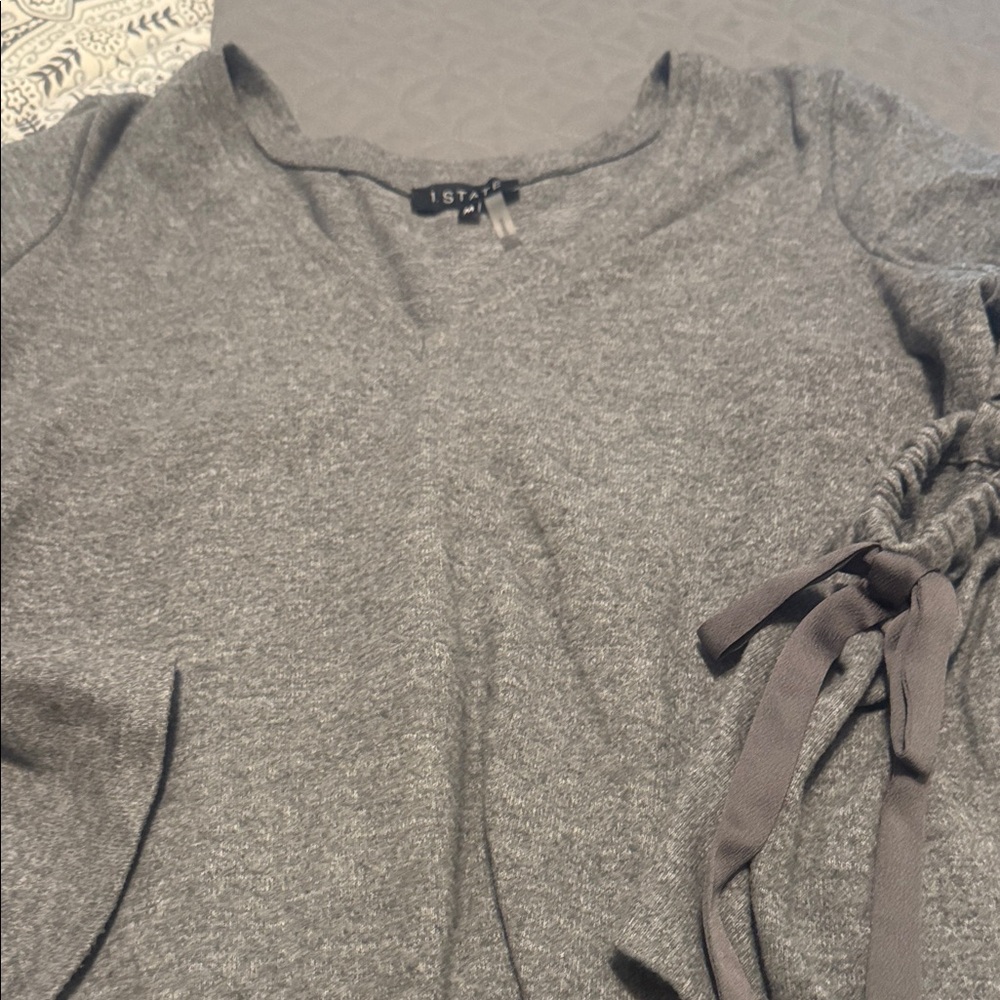 1. State Charcoal Gray Women's Blouse with Tie Accents